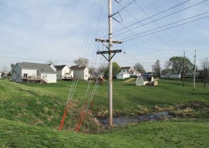 Guy wire supporting a power transmission tower