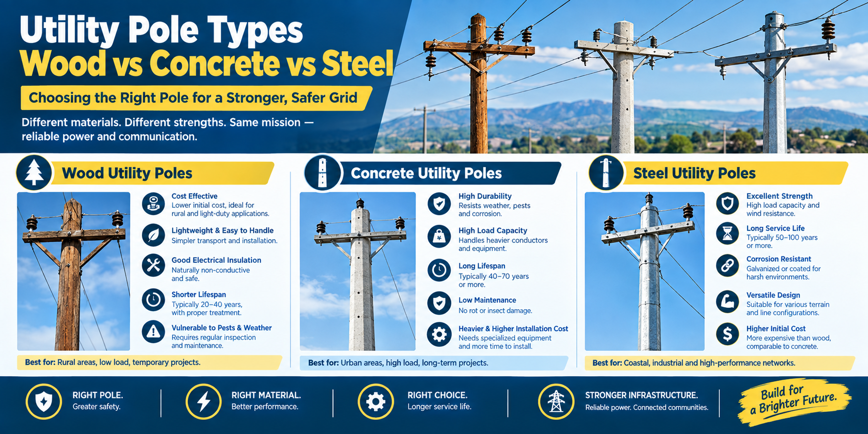 Utility Pole Types - Wood vs Concrete vs Steel